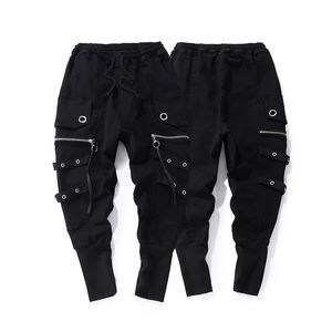 Moda Drawstring Homens Casuais Alta Qualidade Corredores Preto Sweatpants Ribbon Hip Hop Homens Streetwear Calças Casuais Calças Cross-Calças 210406