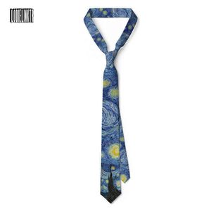 Ny Van Gogh Oil Målning slips för män Star Moon Night Retro Fun 8cm Wide Slim Slips Accessories Daily Wear Wedding Party Gift Y1229