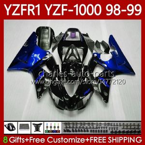 Motorcykelkropp för Yamaha YZF R 1 1000 CC YZF-R1 YZF-1000 98-01 Bodywork 82No.55 YZF R1 YZFR1 98 99 00 01 1000cc YZF1000 1998 1999 2000 2001 OEM Fairings Blue Flames Blk