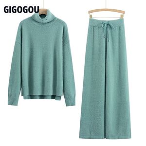 GIGOGOU Luxury Cashmere Minsk Donna Gamba Larga Pantalone Abiti Spessa Calda Donna Dolcevita Maglione Tute 2/Due Pezzi Set Abbigliamento 211007