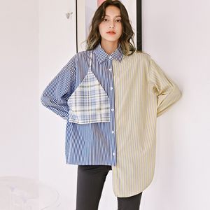Autumn Long Sleeve Stitching Irregular Shirt Korean Women Contrast Color Design Striped Large Size Blouse 16Q529B 210510