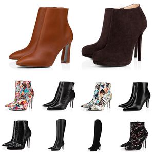 2021 Designer Damen Damenschuhe Halbkniestiefel Damen Plateau High Heels Booties Schwarz Kastanie Marine Glattleder Wildleder Winter Knöchelkniestiefel Braun