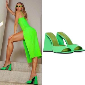 Bloco verde super salto alto mulheres sandálias pista peep toe um vestido de cinta mules 2021 festa nightclub feminino chinelos