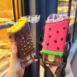 New Summer Cute Donut Ice Cream Water Bottle With Straw Creative Square Watermelon Cup Portable Leakproof Tritan Bottle BPA Free 201128