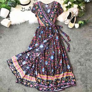 BOHO 영감 핑크 꽃 무늬 랩 여름 드레스 V 넥 벨트 묶여 새로운 맥시 드레스 짧은 소매 집시 캐주얼 여성 드레스 Vestidos 210331