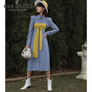 Blue Striped Long Shirt Dress Women Puff Sleeve Tunic A Line Ladies Cut Out High Fashion 210427