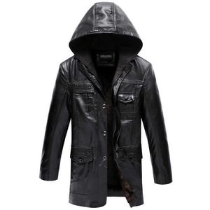 Idosos Inverno Quente Homens Longa Jaqueta de Couro Faux com Hood Destacleable PU Faux Leather Trench Casaco Casaco Capuz 211009