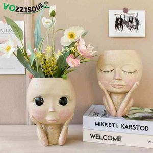 Hot Nordic Art Human Head Vase Face Flower Pot Doll Design Resin Blomsterkrukor Söt Heminredning Succulents Planter Huvudform Vase 210401