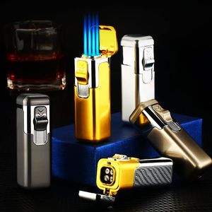 New Windproof Four Nozzles Cigar Gas Lighters Jet Metal 4 Jet Straight Fire Torch Turbo Butane Cigarettes Lighter Spray Gun Gadgets for Men Gift