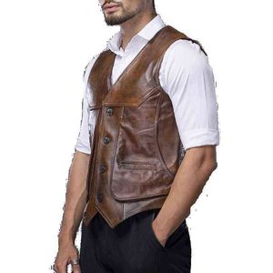 Large piece of Genuine Leather Motorcycle Vest Mens Fit Real Cowhide Leather Waistcoat Bikers Vest Size L-8XL sleeveless jacket 211215