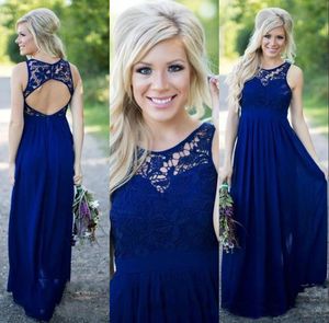 Piękny Royal Blue Country Druhna Dresses Długie Koronki Neck Prom Dresses Petite Szyfon 2021 Suknia Wieczorowa Otwórz Junior Maid of Honor