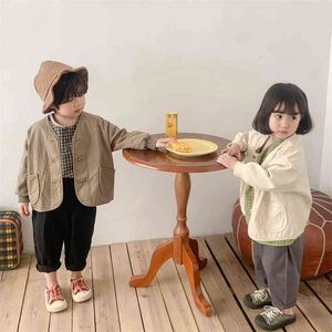 Korean style casual solid color long sleeve cardigan Boys and girls loose jackets children clothes 210708