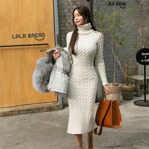 Ankunft Winter Temperament Elegante Twist Rollkragen Stricken Bodenbildung Pullover Kleid Koreanische Stil Mantel Vestidos 211220