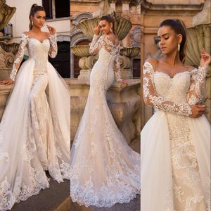 Arabic Sexy Champagne Mermaid Wedding Dresses Formal Bridal Gowns Off Shoulder Illusion Full Lace Appliques Long Sleeves Tulle With Detachable Train Overskirts