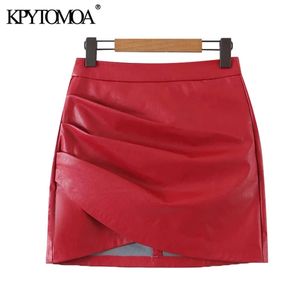 Kpytomoa女性シックなファッションフェイクレザープリーツ非対称ミニスカートビンテージハイウエストバックジッパー女性スカートMujer 210629