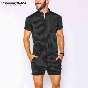Fashion Men Rompers Striped Breathable Stand Collar Short Sleeve Joggers Playsuits Streetwear 2021 Men Shorts Jumpsuits INCERUN H1206
