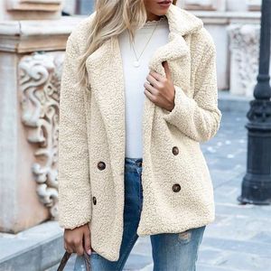 S-5XL 솔리드 컬러 여성 겨울 봄 느슨한 따뜻한 코트 고품질 테디 양털 버튼 자켓 여성 캐주얼 Veste Femme 211206