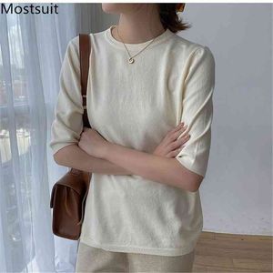 O-neck stickad t-shirt toppar kvinnor halv ärm solid mode koreansk elegant tees casual basic damer t-tröjor femme 210513