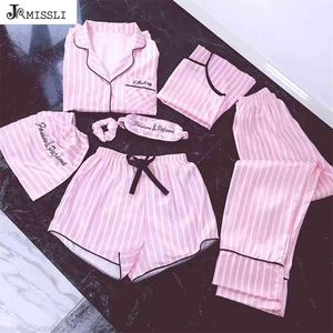 Jrmissli Pajamas Kobiety 7 sztuk Różowe Piżamy Zestawy Satin Silk Sexy Bielizna Strona główna Nosić Piżamy Set Pijama Kobieta 210831