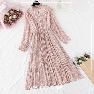 Koreanische Frühling Druck Frauen Chiffon Kleid Vintage Langarm Mid-Kalb Party Kleid Taste Rüschen Vestidos Süße Kleidung 210521