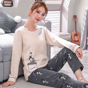 Autumn Pajamas For Women Knitted Cotton Pajama Set Homewear Pijama Mujer Long Sleeve Casual Soft Big Size Female Sleepwear 210831