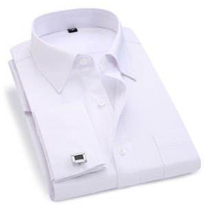 Homens French Dress Dress Camisa Branco Manga Longa Camisa Casual Botões Masculino Marca Camisas Regular Fit Cufflinks Incluído 6xL 210714