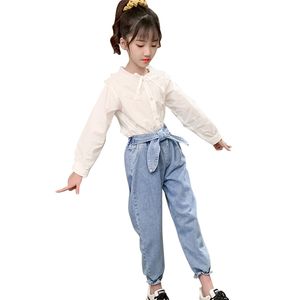 Genç Kız Giysileri Dantel Bluz + Kot Kız Büyük Yay Kıyafetleri Sonbahar Kış Çocuklar için 210527