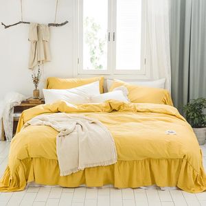 Conjuntos de cama Amarelo Branco Cinzento Green Green Lavado Algodão Girl Girl Set Cama de Cama Fitted Ruffles Folha De Linho Duveta Sólida Fronhas De Edição Cor