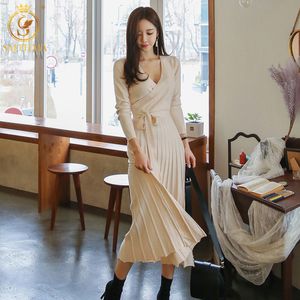 Vinter Koreansk Chic Style Sexig V-Neck Lace Up Waist Knit Dresses Fashion Långärmad Runway Vestidos 210520
