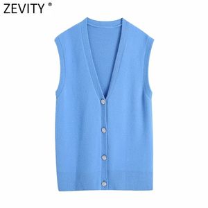 ZEVITY Kadınlar Moda V Boyun Katı Elmas Düğmeler Yumuşak Örgü Kazak Kadın Kolsuz Casual Yelek Chic Hırka Tops S648 210806