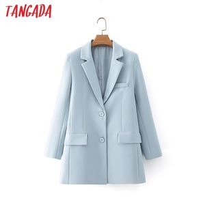 Kvinnor Blå Blazer Coat Vintage Notched Collar Pocket Fashion Female Casual Chic Toppar DA09 210416