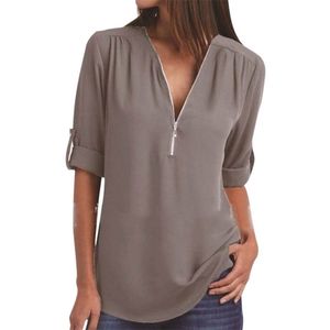 Women Blouses Summer Elegant V Neck Roll Up Long Sleeve Zipper Tunic Chiffon Tops Casual Loose Blue Shirt Female S-5XL Plus Size 210522