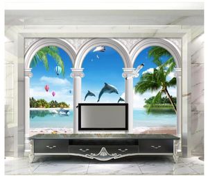 Bakgrundsbilder Anpassade 3D -tapeter för väggar 3 D europeiska bågar Beach Island Coconut Tree Dolphins Window Seascape Mural Bakgrund Väggpapper