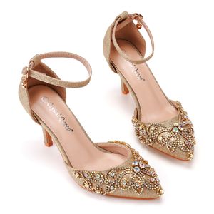 Sandálias sexy mulheres 7cm saltos altos sapatos de casamento bridal glitter fetiche stiletto rhinestone ouro bombas de ouro