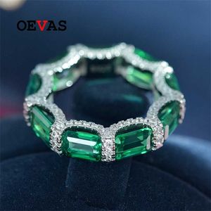 OEVAS 100% 925 стерлингового серебра 5 * 7 мм квадратный синтетический изумрудный высокий углеродный алмазные кольца для женщин сверкающие свадьбы изысканные украшения 211217