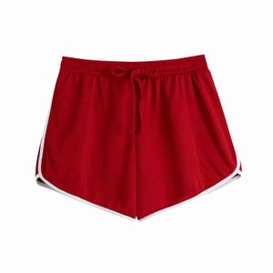 Kvinnor stil avslappnad röd shorts sommar solid elastisk midja bredben mjuka hem kvinnliga shorts 210521