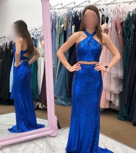 Royal-Blue Sequins Prom Dress 2k21 Sheath Two-Pieces Halter Neck Pageant Gown Sweep Train Sexy Back Formal Party Evening Wear Gala Oscar Celebrity Inspired