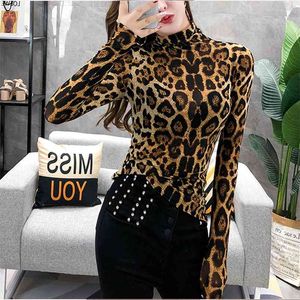 Leopard T-shirt Women Spring Turtleneck Stretchy Slim Long Sleeve T shirt Tops Tee ropa mujer T9D602Y 210421