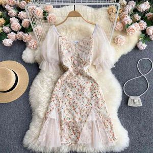 Women's France Summer Tulle Splicing Chiffon Flowers Fairy Dress Elegant Vintage Puff Sleeve Slim Waist Mini Dress 210515