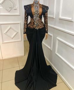 Black Mermaid Evening Sexy Dresses for Arabic Women High Neck Dress Long Sleeves Crsytal Beaded Sweep Train Formal Prom Pageant Gowns