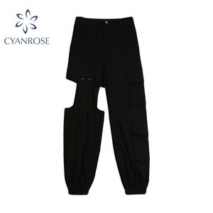 Женская уличная одежда грузовые брюки черный осень корейский стиль карманный пэчворк женский сыпучий мода высокая талия haren брюки женщины 210417