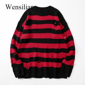 Black Stripe Sweaters Destroyed Ripped Sweater Men Pullover Hole Knit Jumpers Men Oversized Sweatshirt Harajuku Long Sleeve Tops