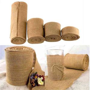 10METER RIBON ROLL BURLAP Bordslöpare 4Size 5cm / 10cm / 15cm / 30cm Natural Jute Hessian Wedding Party Chair Bands Vintage Home 210709