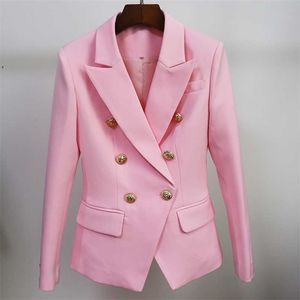 Высочайшее качество розовый блейзер женщины тонкий пиджак женские двойные погружные металлические кнопки льва S и куртки белый 211019
