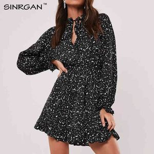 black Satin Ditsy Print High Neck Mini Dress Vintage Elegant Lace Up Short Dress Women Fashion Clothing 210412