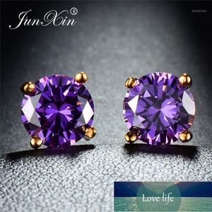 Stud JUNXIN Orecchini rotondi con zirconi multicolori mistici per donna Matrimonio in pietra viola verde blu riempita oro giallo Donna1