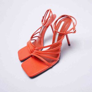 Sandals Summer New Square Toe Pumps Ankle Buckle Coral Red Thin Strap High Heels 220302