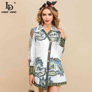 Summer Fashion Runway Dress Women Elegant Mesh Long Sleeve Patchwork Print Button Vintage Shirt style Mini 210522