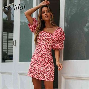 Casual Red Floral Print Boho Dress Summer Beach Women Famale Short Mini Sundress Vintage Vestidos De Mujer Fashion 210427