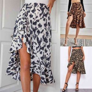Kvinnor Kjol Leopard Print Hög midja Split Asymmetrisk Personlighet Elegant Ladies Beach Street Elastic Outfits 210621
